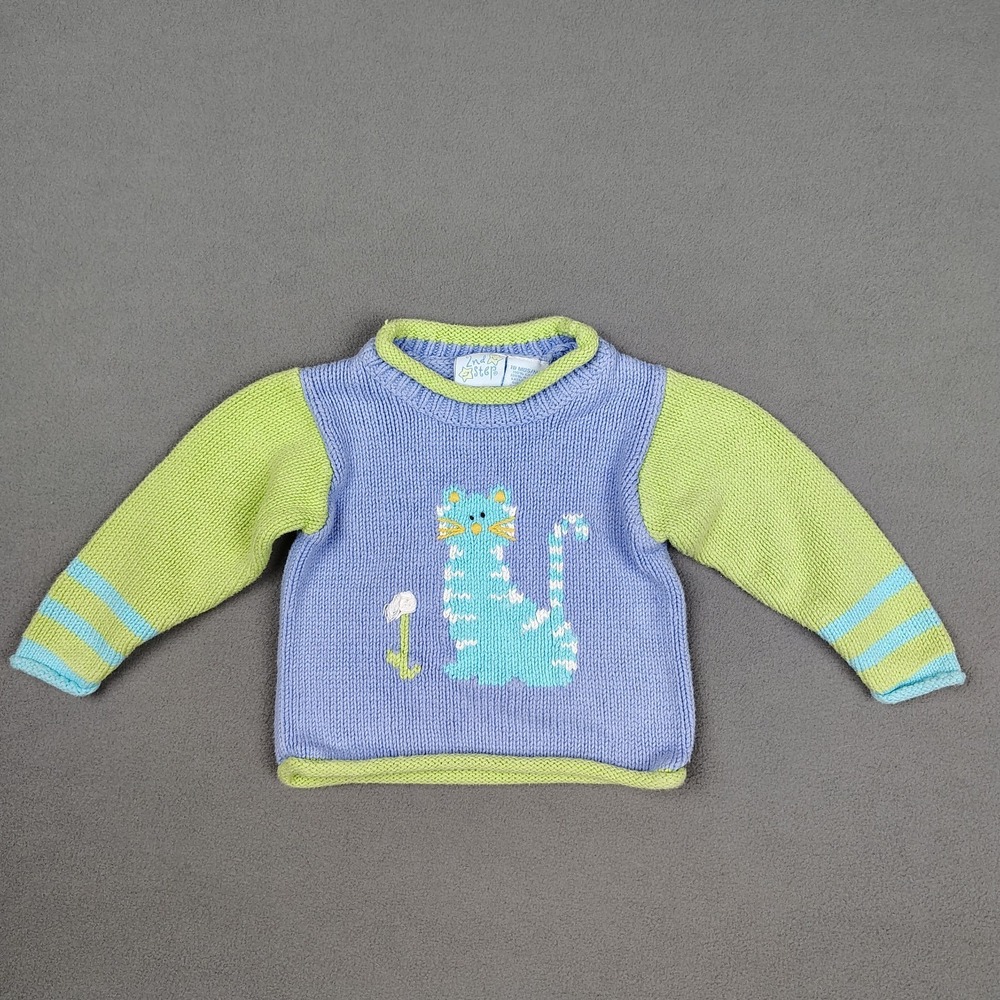 Vintage Knit Kitty Cat Sweater Baby 18 Months Purple Green Cotton Cute Roll Neck - Picture 8 of 8
